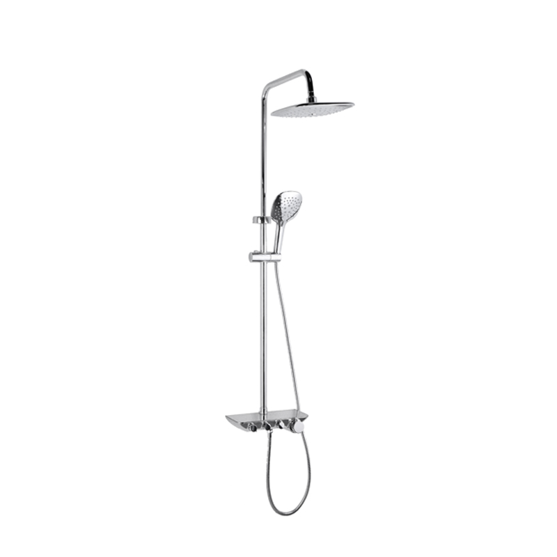 This rainfall shower system set is thermostatic one, which own fashioned design, shinny chrome-finish surface and thermostatic shower control valve. There is 2 way for shower head to switch between big rainfall and small one. The shower valve is brass material thermostatic valve, people can adjust the temperature by pressing the red button at each side and turning different angle.
